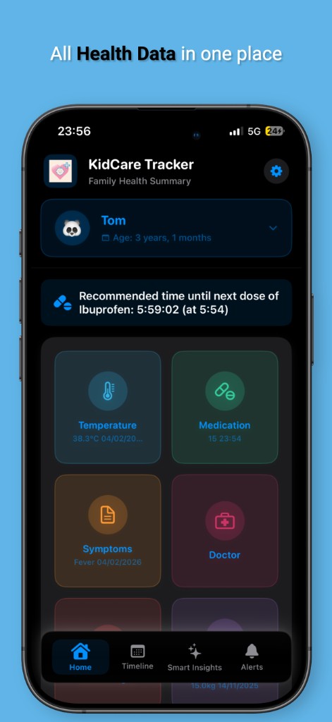 All health data in one place — KidCare Tracker home screen