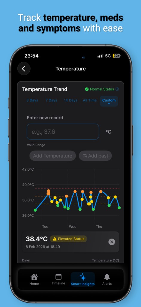 Track temperature, meds and symptoms with ease